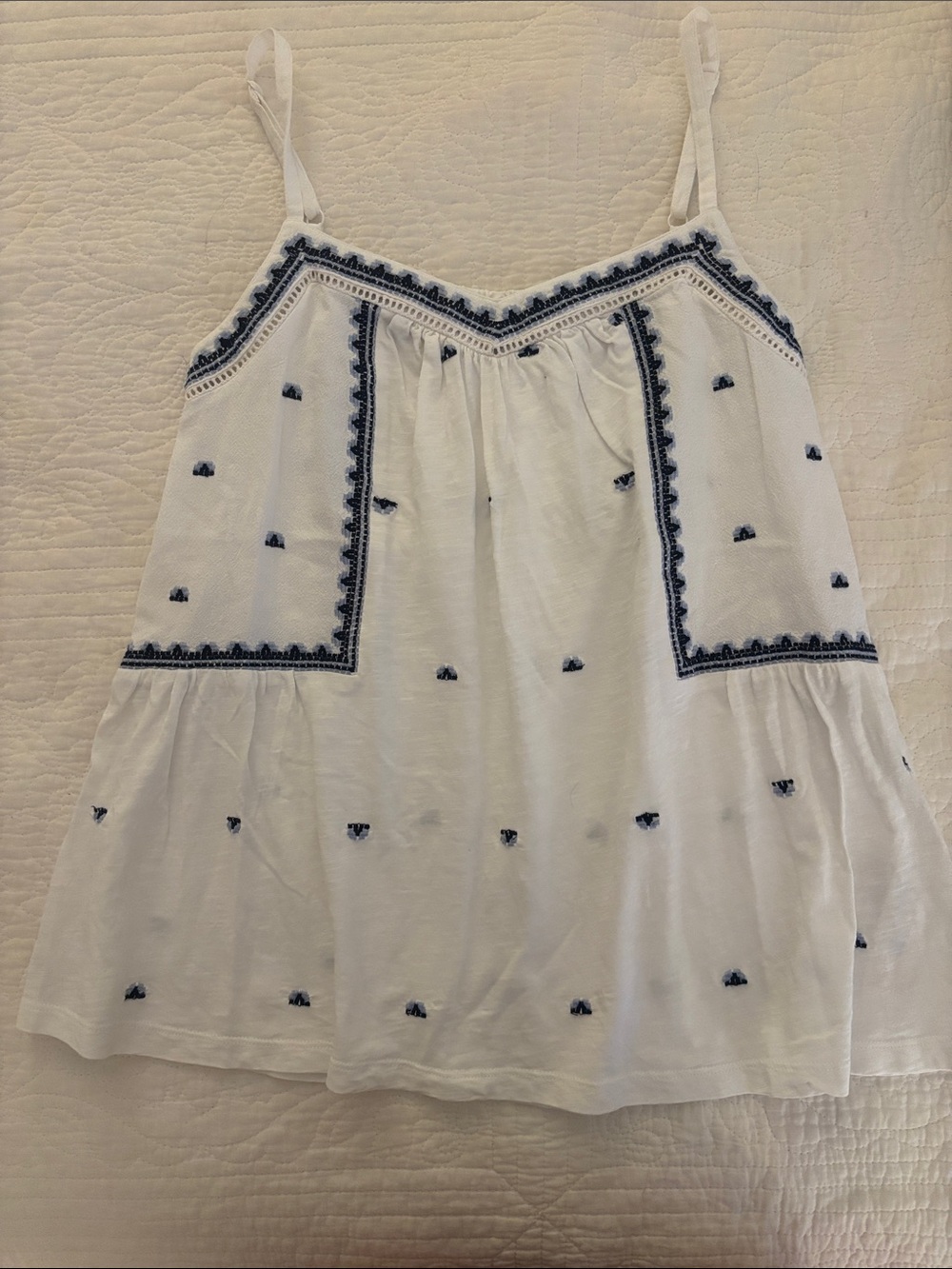 White Tank Top with Navy Embroidery